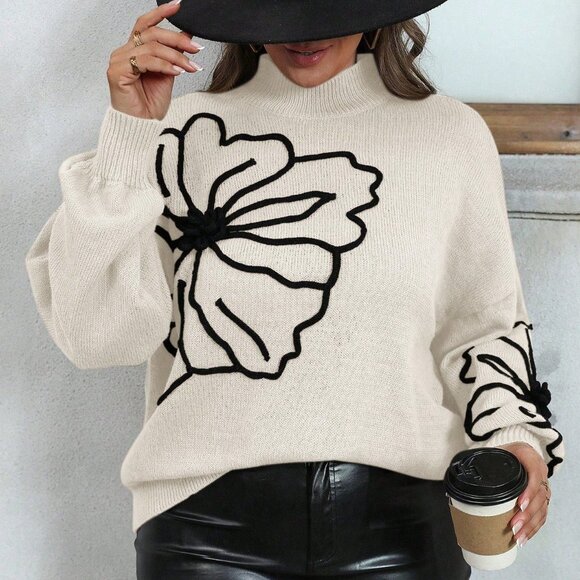 Sweaters - Apricot Casual Women's Plus Size Floral Stand Collar Sweater